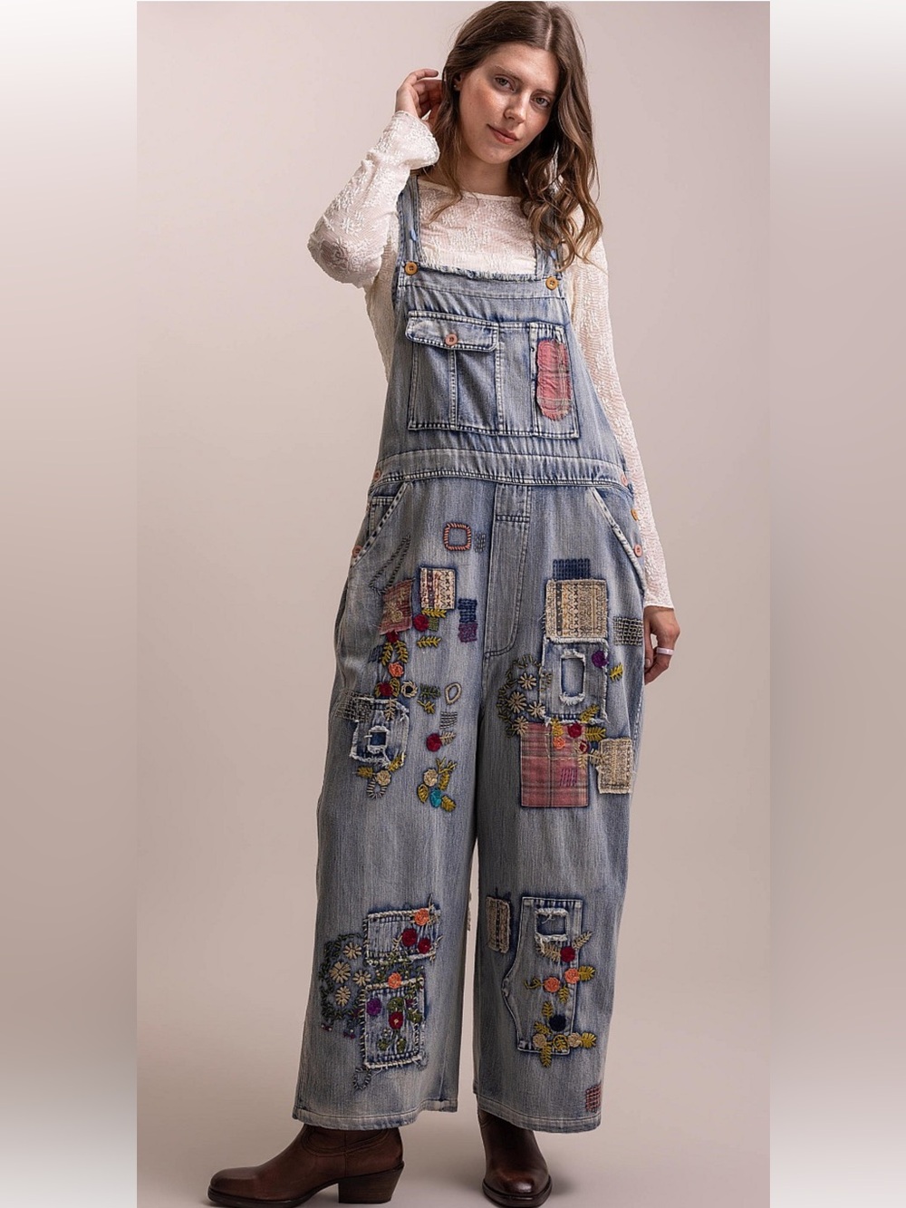 Embroidered Light Blue Denim Patchwork Wide-Leg Overalls